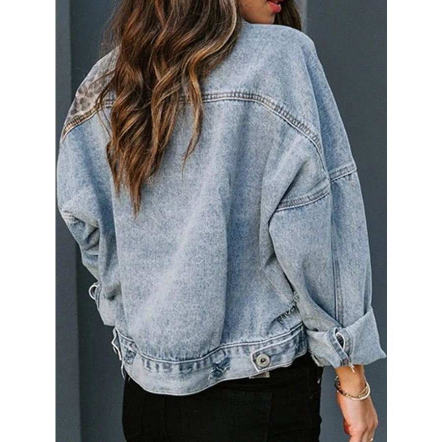 Full Size Distressed Leopard Dropped Shoulder Denim Jacket Plus Apparel and Accessories