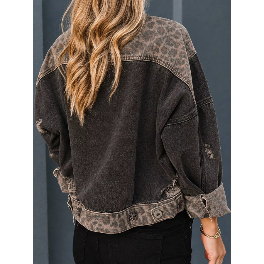 Full Size Distressed Leopard Dropped Shoulder Denim Jacket Plus Apparel and Accessories