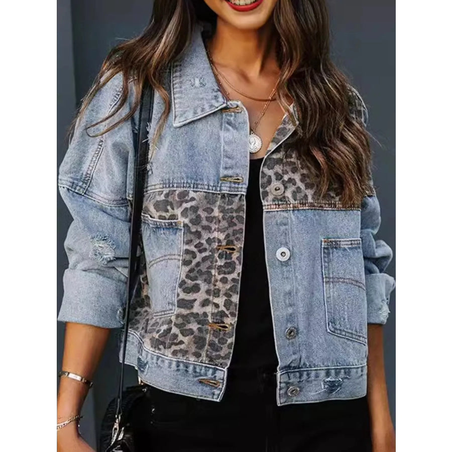 Full Size Distressed Leopard Dropped Shoulder Denim Jacket Plus Apparel and Accessories