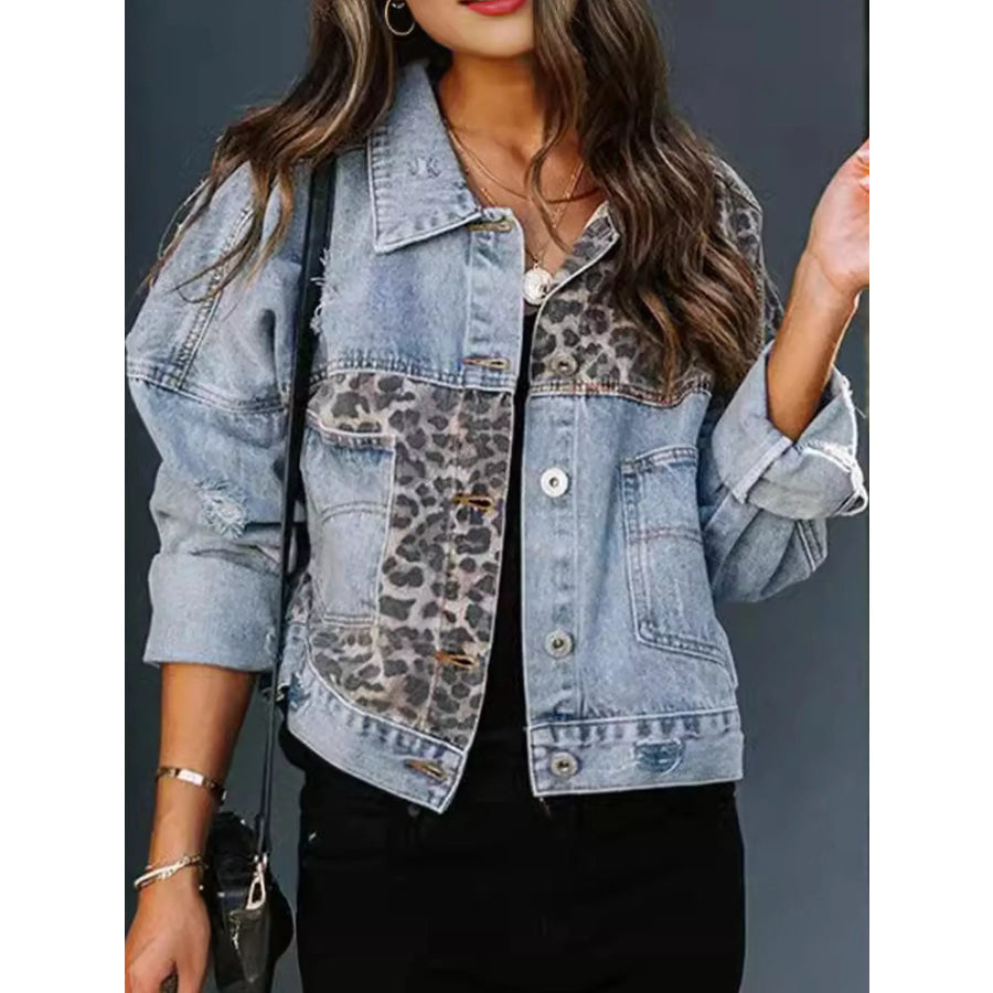 Full Size Distressed Leopard Dropped Shoulder Denim Jacket Plus Light Blue / S Apparel and Accessories