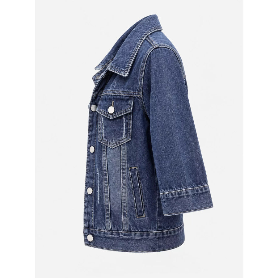 Full Size Distressed Mid-Sleeve Denim Jacket Plus Apparel and Accessories