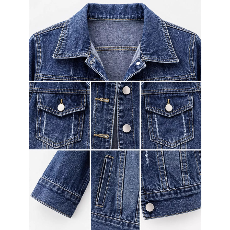 Full Size Distressed Mid-Sleeve Denim Jacket Plus Apparel and Accessories