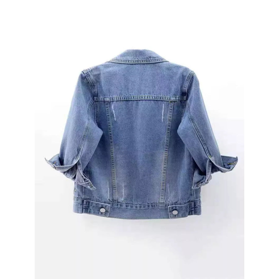Full Size Distressed Mid-Sleeve Denim Jacket Plus Apparel and Accessories