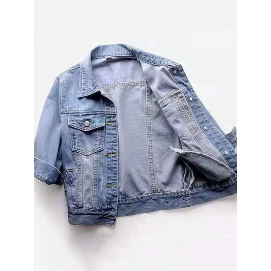 Full Size Distressed Mid-Sleeve Denim Jacket Plus Apparel and Accessories