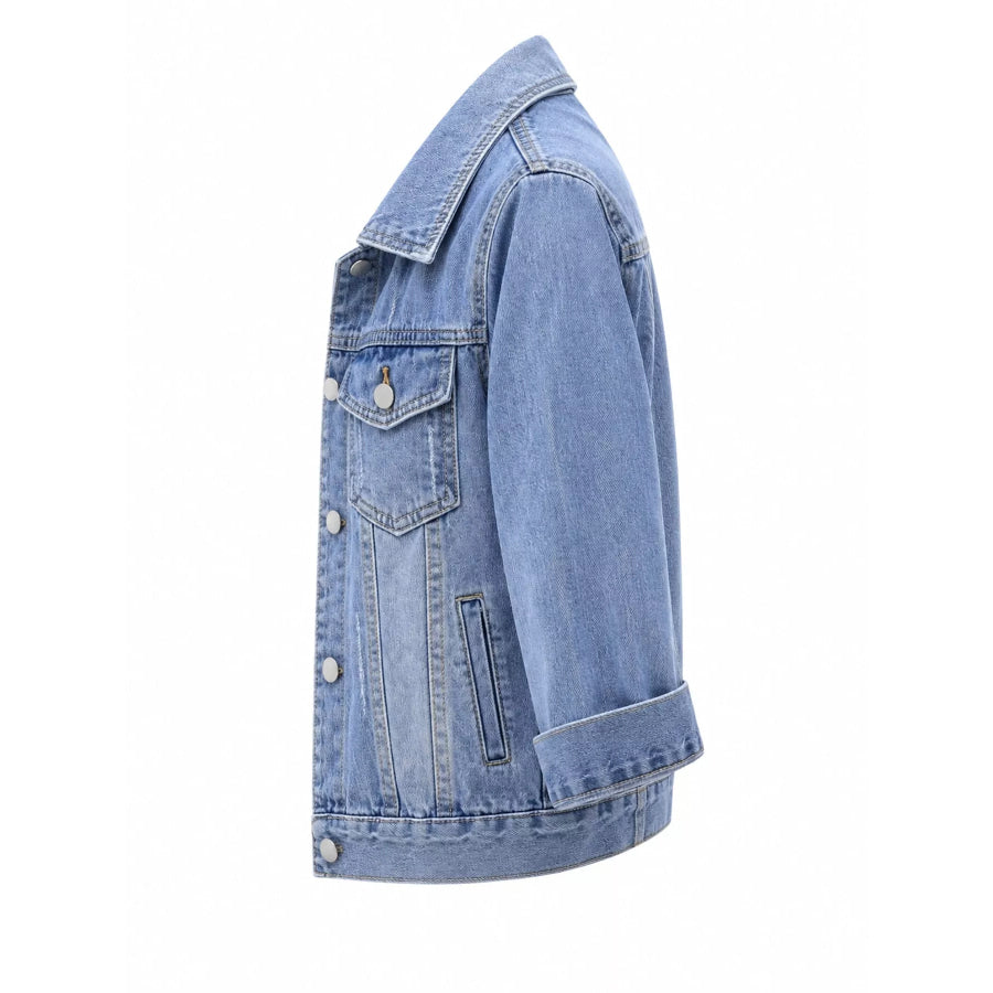 Full Size Distressed Mid-Sleeve Denim Jacket Plus Apparel and Accessories
