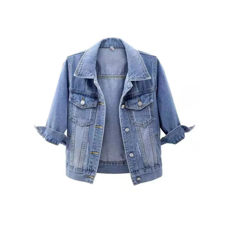 Full Size Distressed Mid-Sleeve Denim Jacket Plus Apparel and Accessories