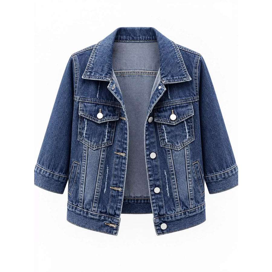 Full Size Distressed Mid-Sleeve Denim Jacket Plus Apparel and Accessories