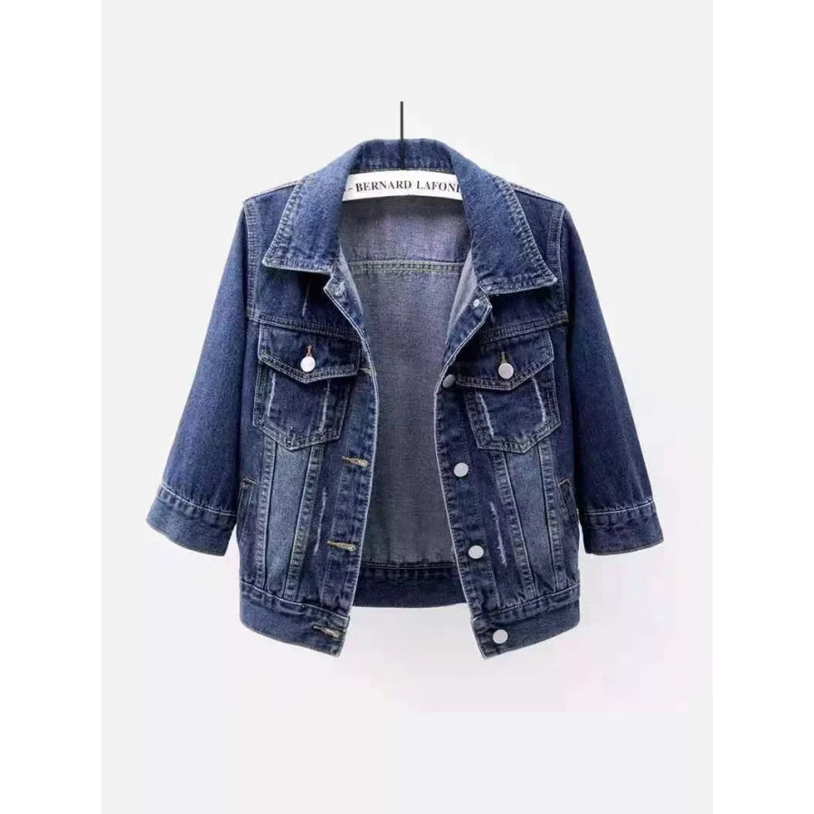 Full Size Distressed Mid-Sleeve Denim Jacket Plus Blue / S Apparel and Accessories