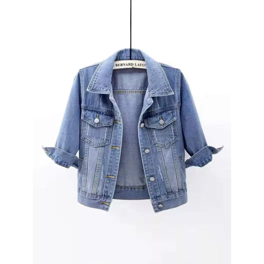 Full Size Distressed Mid-Sleeve Denim Jacket Plus Light Blue / S Apparel and Accessories