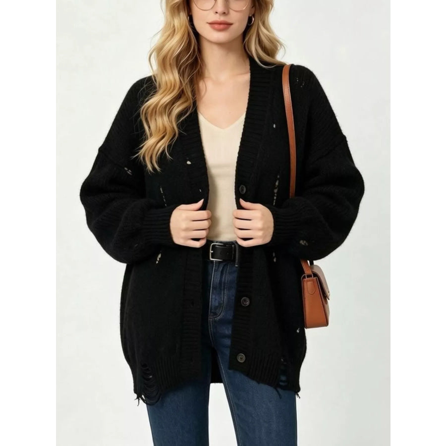Full Size Distressed Oversized V-Neck Button-Down Cardigan Plus Apparel and Accessories