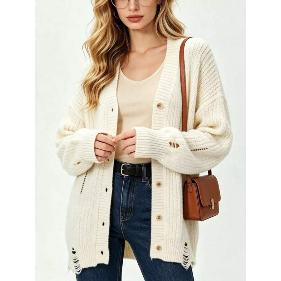 Full Size Distressed Oversized V-Neck Button-Down Cardigan Plus Apparel and Accessories