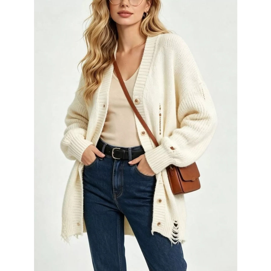 Full Size Distressed Oversized V-Neck Button-Down Cardigan Plus Beige / S Apparel and Accessories