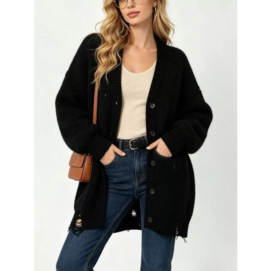 Full Size Distressed Oversized V-Neck Button-Down Cardigan Plus Black / S Apparel and Accessories