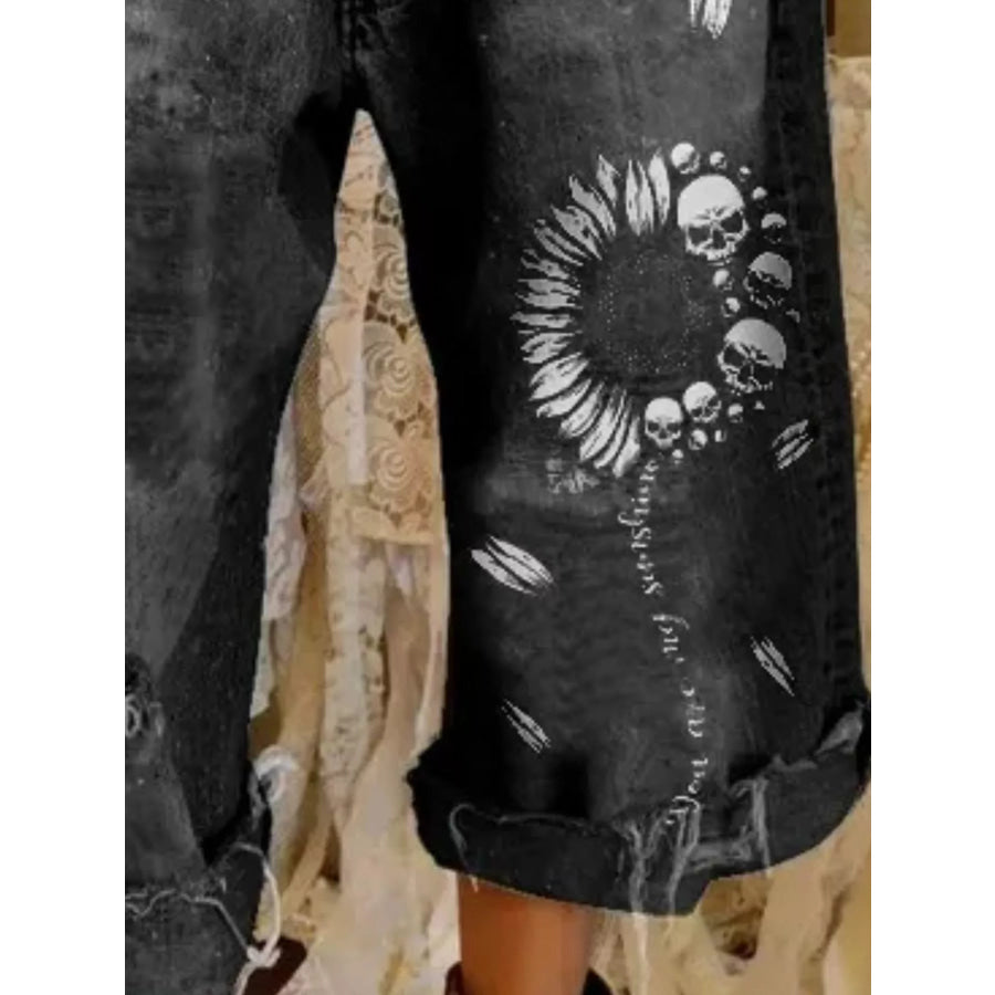 Full Size Distressed Skull Print Jeans Plus Black / S Apparel and Accessories