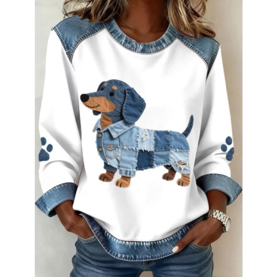 Full Size Dog Denim Patchwork Waffle Knit Sweatshirt Plus Apparel and Accessories