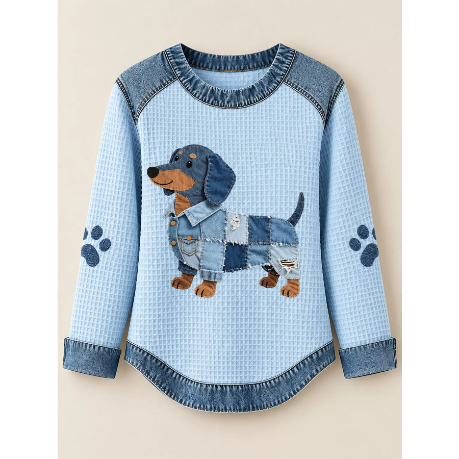 Full Size Dog Denim Patchwork Waffle Knit Sweatshirt Plus Apparel and Accessories