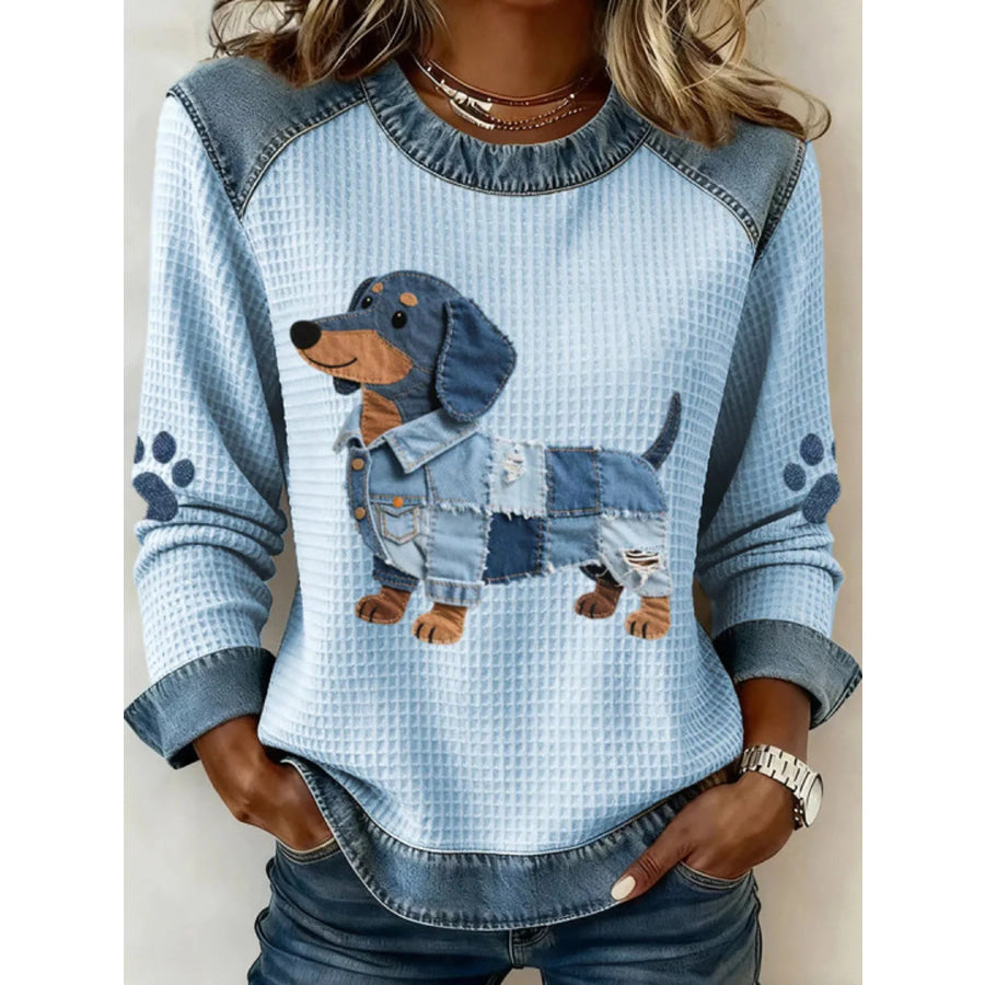 Full Size Dog Denim Patchwork Waffle Knit Sweatshirt Plus Pastel Blue / S Apparel and Accessories