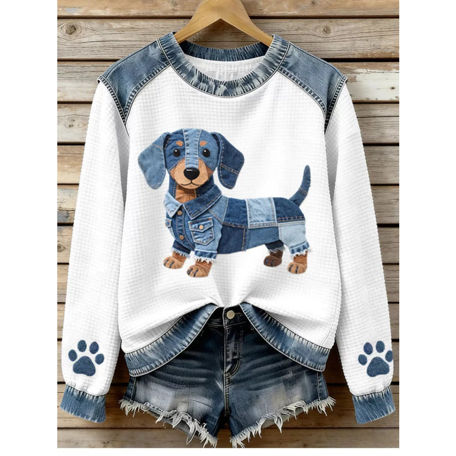 Full Size Dog Denim Patchwork Waffle Knit Sweatshirt Plus White / S Apparel and Accessories