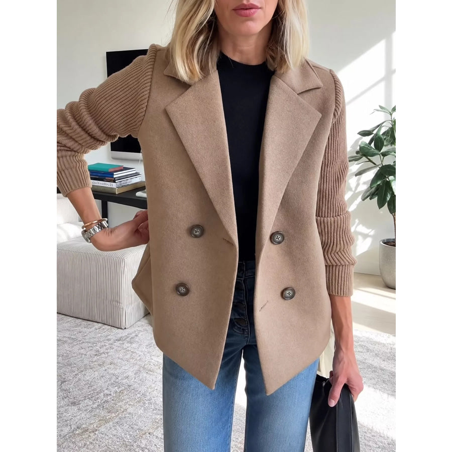 Full Size Double-Breasted Lapel Collar Blazer Plus Brown / XS Apparel and Accessories