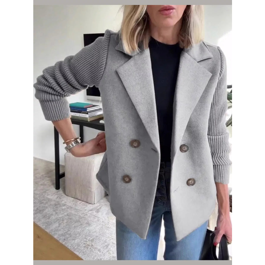 Full Size Double-Breasted Lapel Collar Blazer Plus Gray / XS Apparel and Accessories