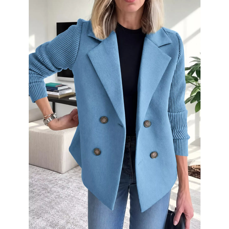 Full Size Double-Breasted Lapel Collar Blazer Plus Light Blue / XS Apparel and Accessories