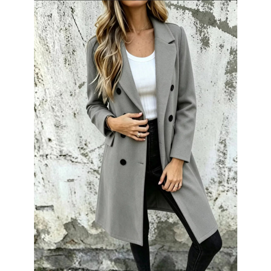 Full Size Double-Breasted Lapel Collar Coat Plus Gray / XS Apparel and Accessories