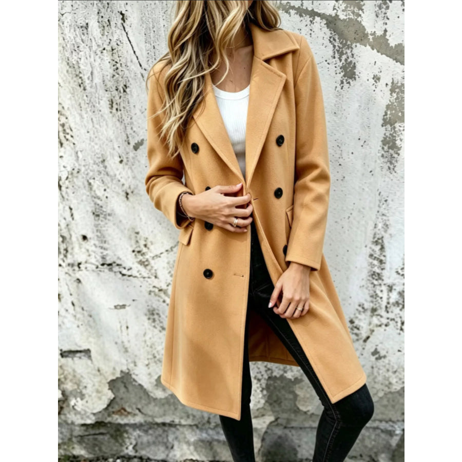 Full Size Double-Breasted Lapel Collar Coat Plus Khaki / XS Apparel and Accessories