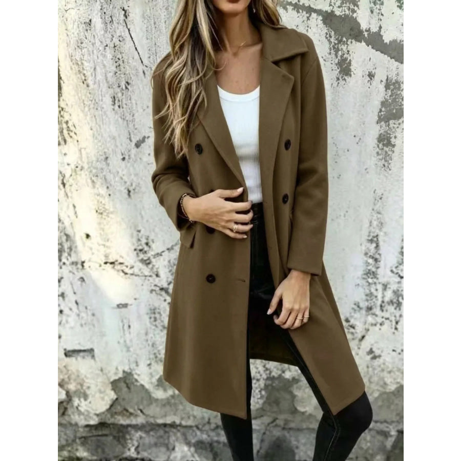Full Size Double-Breasted Lapel Collar Coat Plus Olive / XS Apparel and Accessories