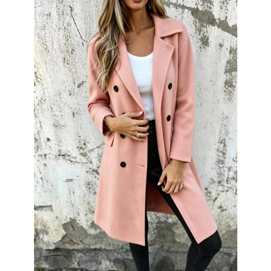 Full Size Double-Breasted Lapel Collar Coat Plus Pink / XS Apparel and Accessories