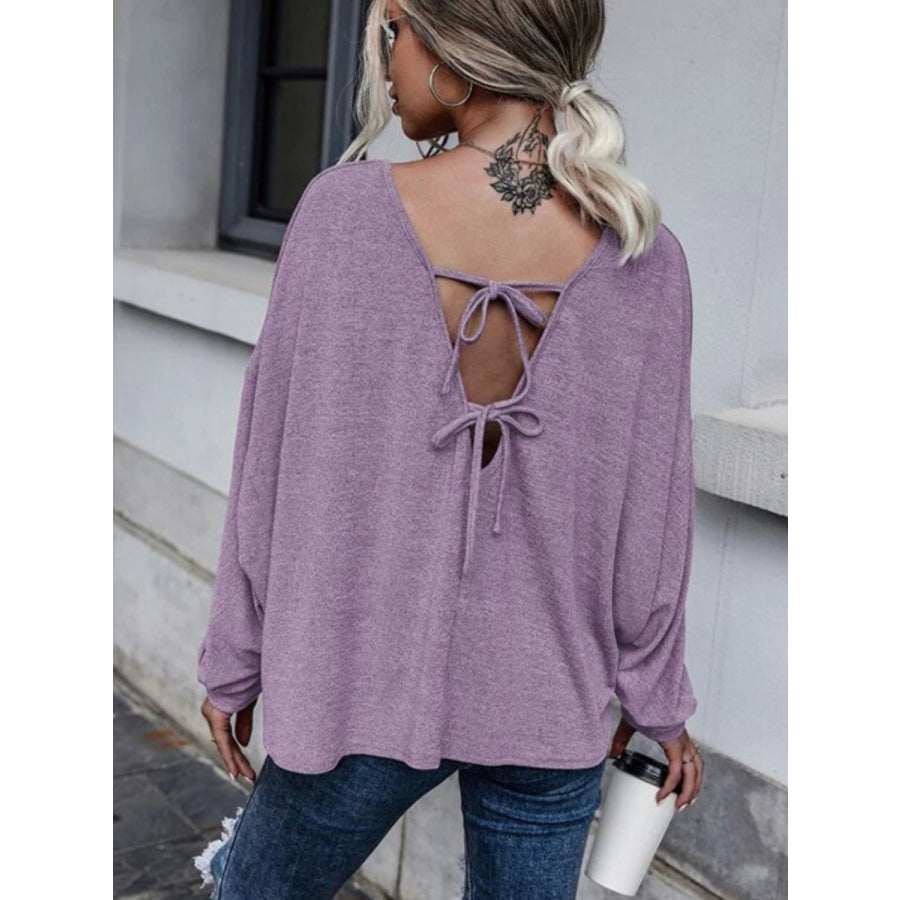 Full Size Double Tie Drop Shoulder Long Sleeve T-Shirt Lilac / S Apparel and Accessories