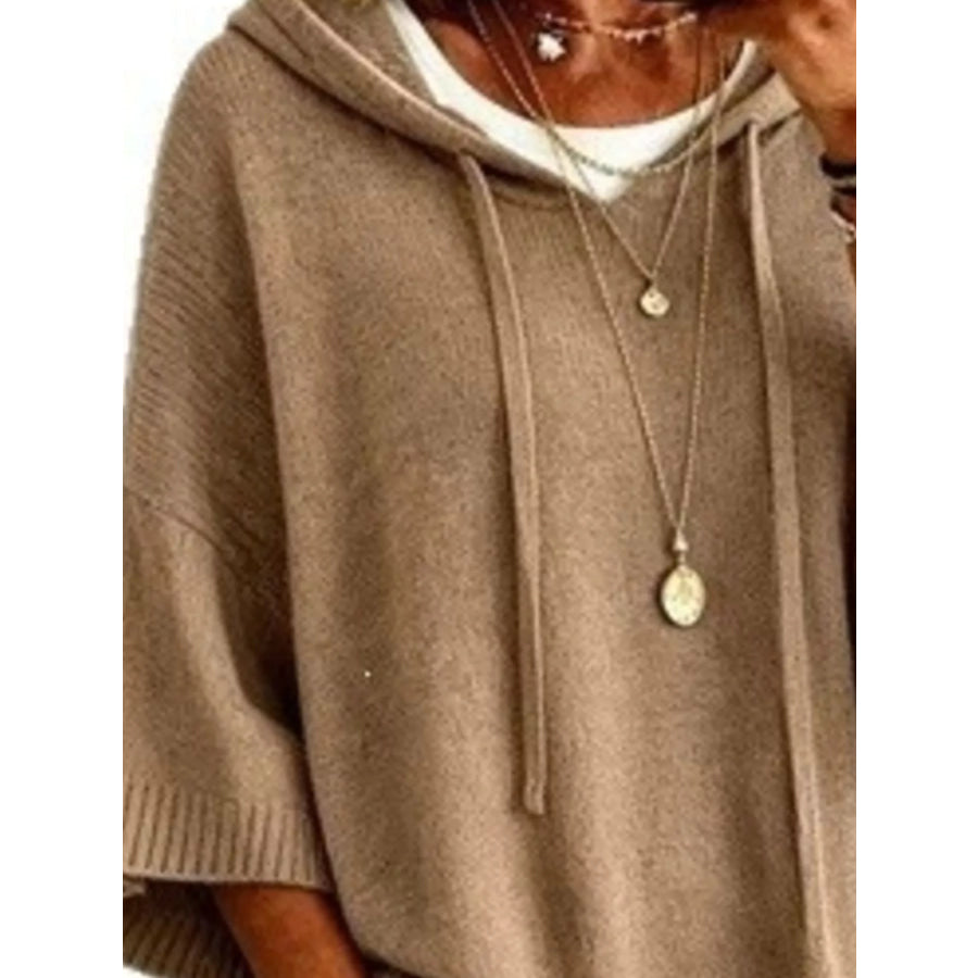 Full Size Drawstring 3/4 Sleeve Hooded Sweater Plus Size Apparel and Accessories
