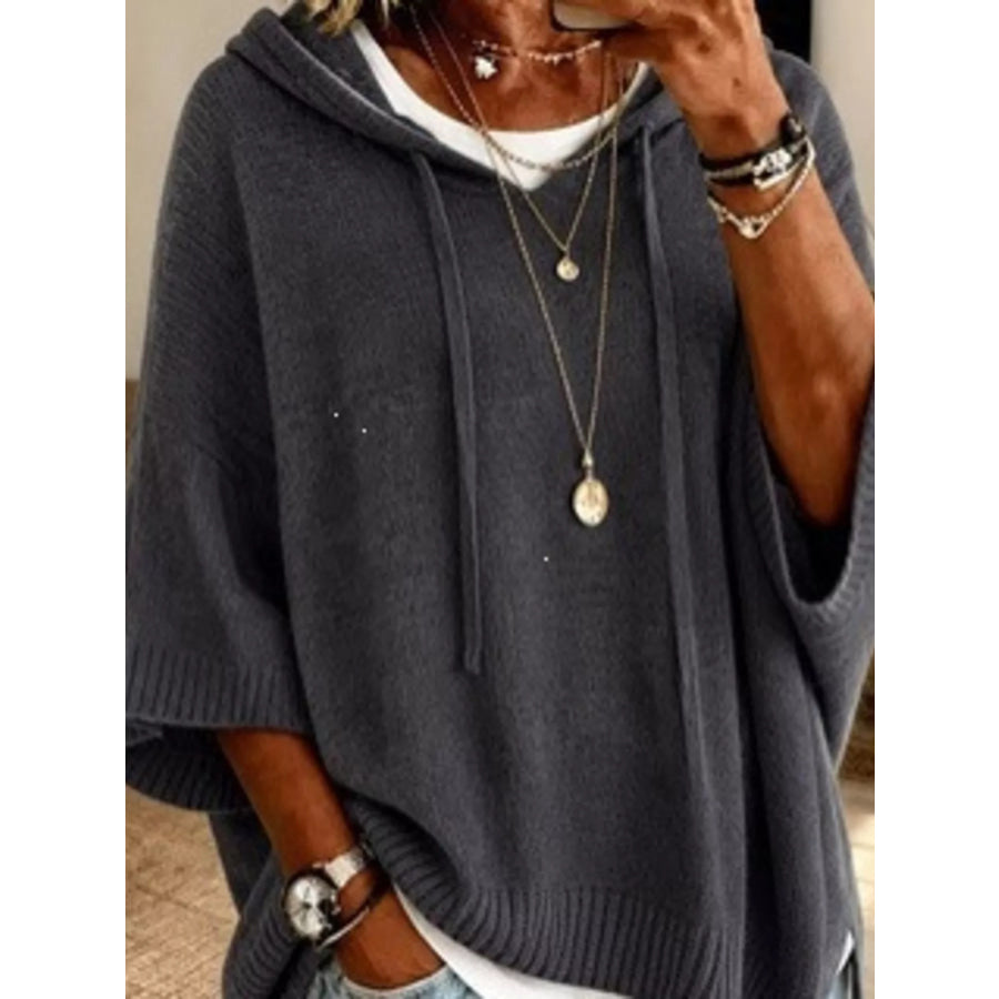Full Size Drawstring 3/4 Sleeve Hooded Sweater Plus Size Apparel and Accessories