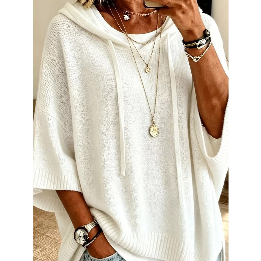 Full Size Drawstring 3/4 Sleeve Hooded Sweater Plus Size Apparel and Accessories