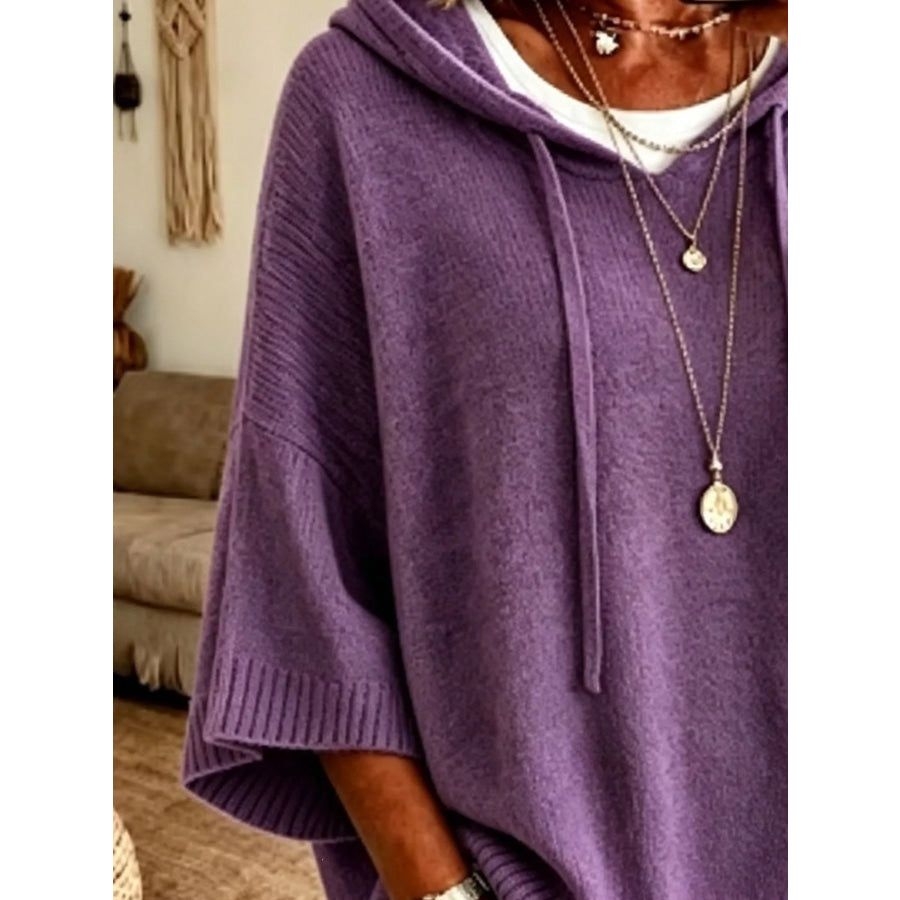 Full Size Drawstring 3/4 Sleeve Hooded Sweater Plus Size Apparel and Accessories