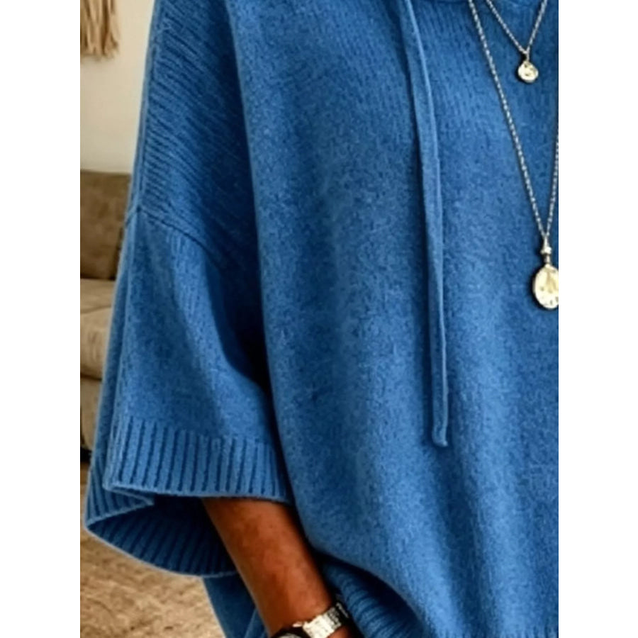 Full Size Drawstring 3/4 Sleeve Hooded Sweater Plus Size Blue / S Apparel and Accessories