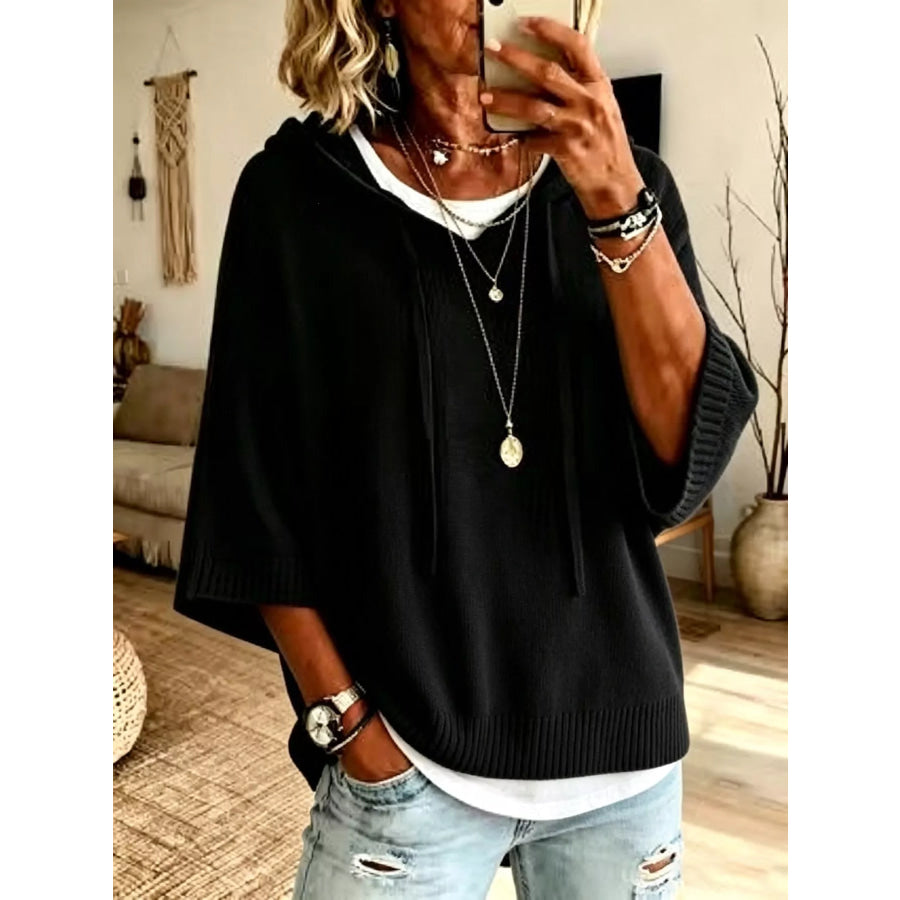Full Size Drawstring 3/4 Sleeve Hooded Sweater Plus Size Black / S Apparel and Accessories