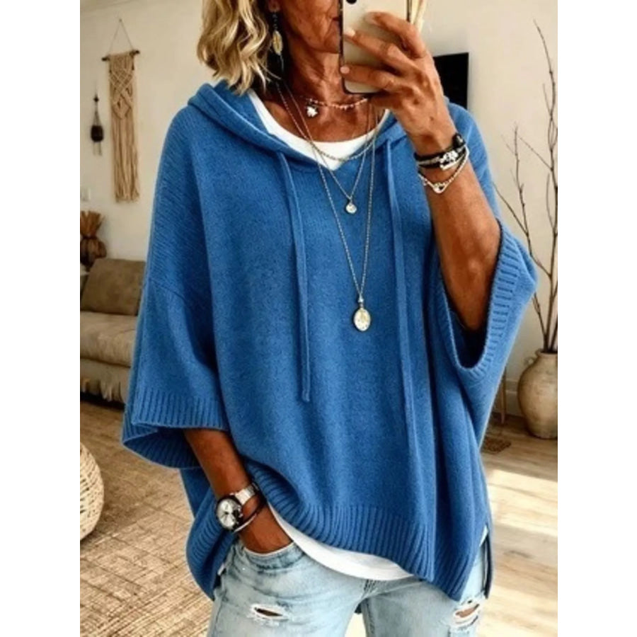 Full Size Drawstring 3/4 Sleeve Hooded Sweater Plus Size Blue / S Apparel and Accessories