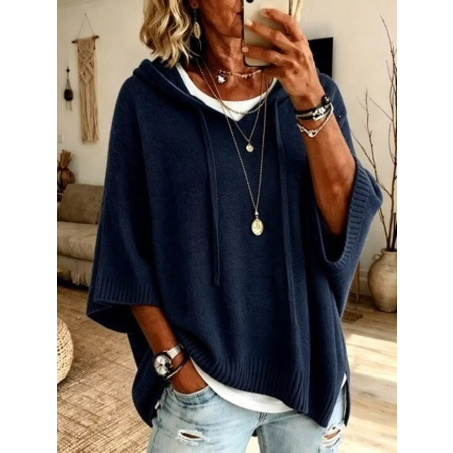 Full Size Drawstring 3/4 Sleeve Hooded Sweater Plus Size Dark Blue / S Apparel and Accessories