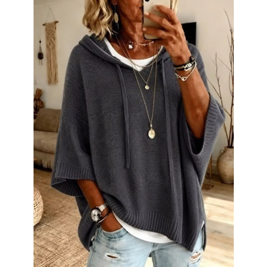 Full Size Drawstring 3/4 Sleeve Hooded Sweater Plus Size Gray / S Apparel and Accessories