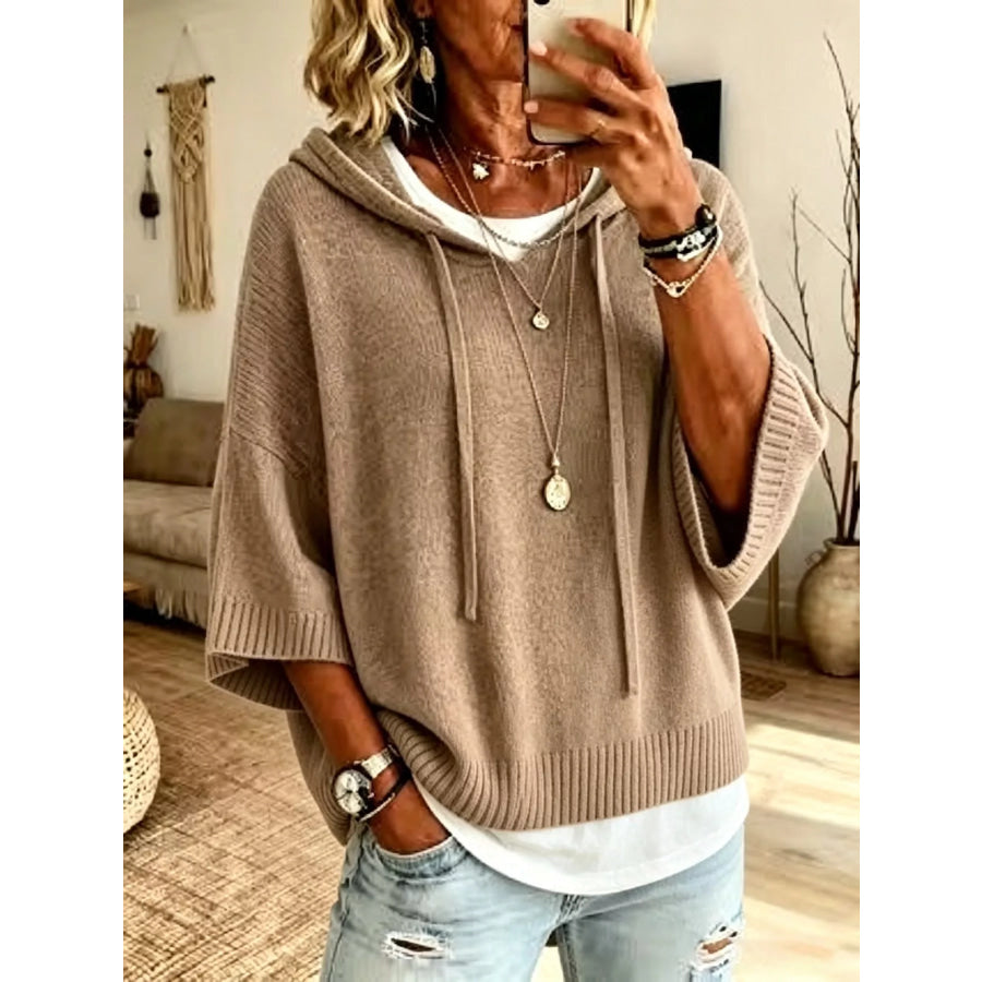 Full Size Drawstring 3/4 Sleeve Hooded Sweater Plus Size Khaki / S Apparel and Accessories