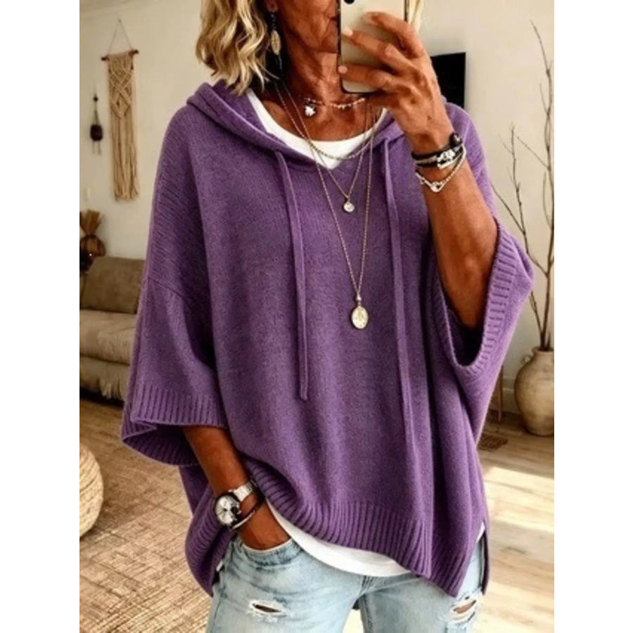Full Size Drawstring 3/4 Sleeve Hooded Sweater Plus Size Purple / S Apparel and Accessories