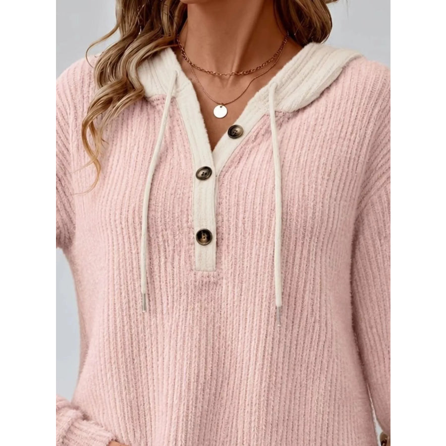 Full Size Drawstring Button Detail Hooded Sweater Plus Size Apparel and Accessories