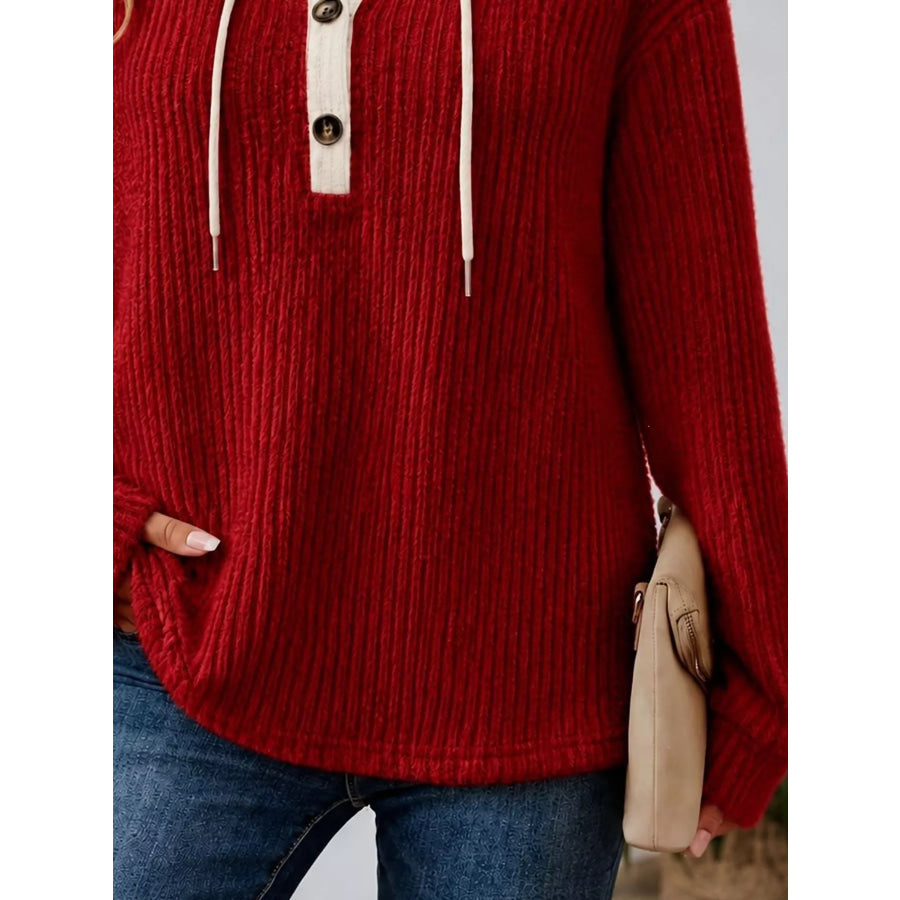 Full Size Drawstring Button Detail Hooded Sweater Plus Size Apparel and Accessories