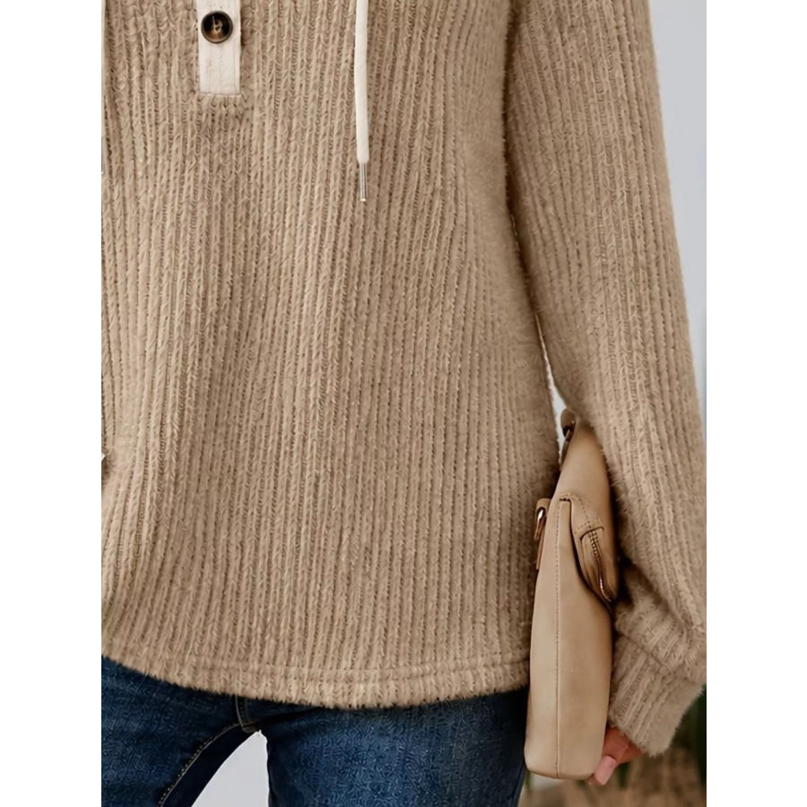 Full Size Drawstring Button Detail Hooded Sweater Plus Size Apparel and Accessories