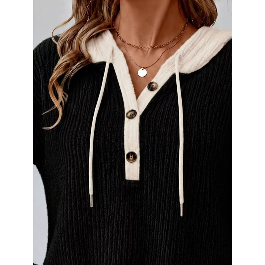 Full Size Drawstring Button Detail Hooded Sweater Plus Size Apparel and Accessories