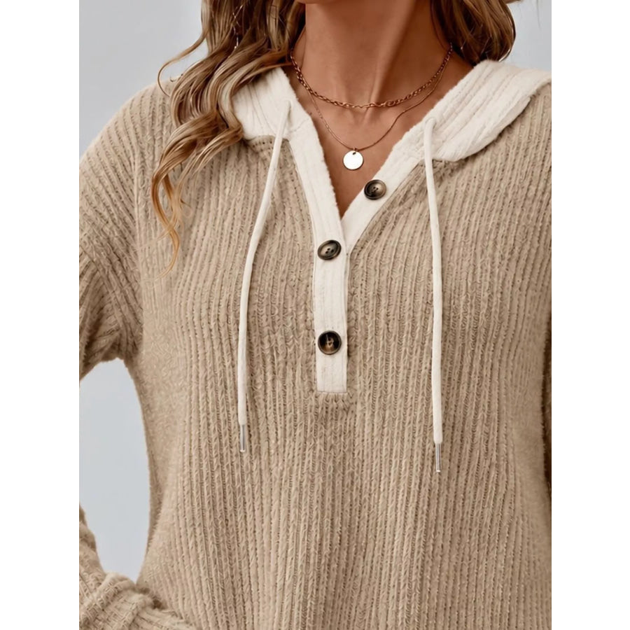 Full Size Drawstring Button Detail Hooded Sweater Plus Size Apparel and Accessories
