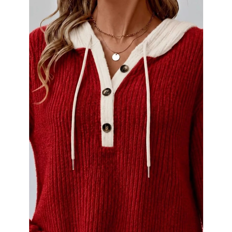 Full Size Drawstring Button Detail Hooded Sweater Plus Size Apparel and Accessories