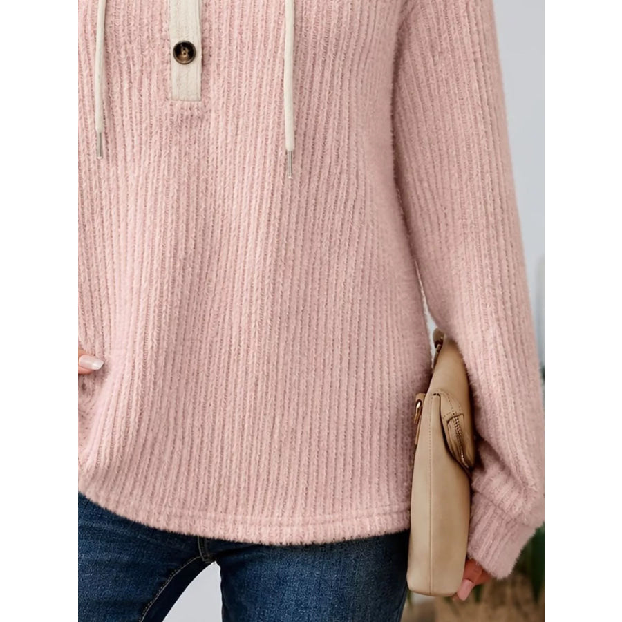 Full Size Drawstring Button Detail Hooded Sweater Plus Size Apparel and Accessories