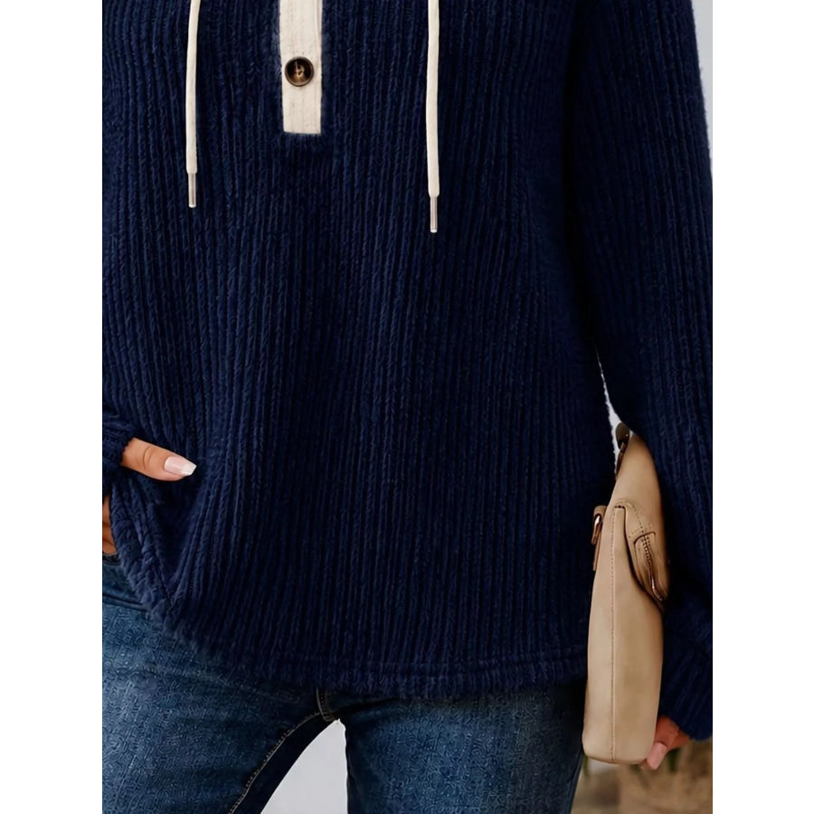 Full Size Drawstring Button Detail Hooded Sweater Plus Size Apparel and Accessories