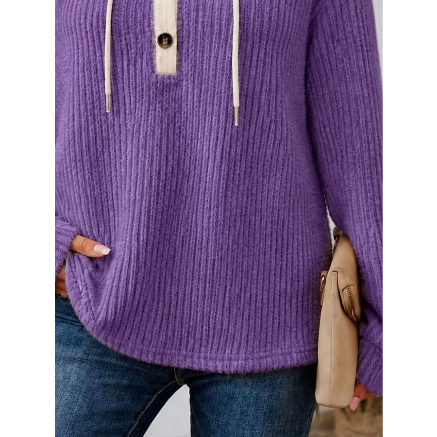 Full Size Drawstring Button Detail Hooded Sweater Plus Size Apparel and Accessories